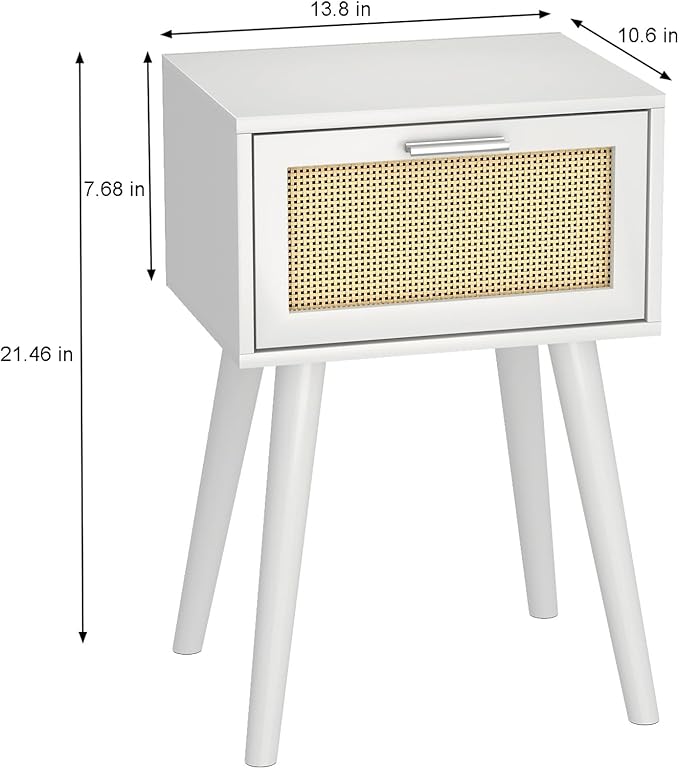 LAATOOREE Table, Nightstand Set of 2 - Small End Table with Rattan Door, Boho Style for Bedroom Living Room - White