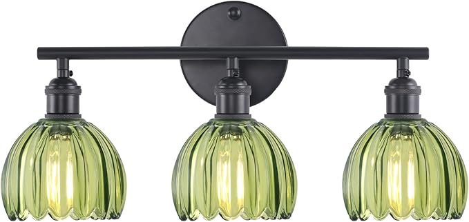 Bathroom Light Fixtures, 3-Light Black Vanity Wall Light Over Mirror with Green Tulip Glass Shade for Bedroom Living Room (Bulb Not Included)