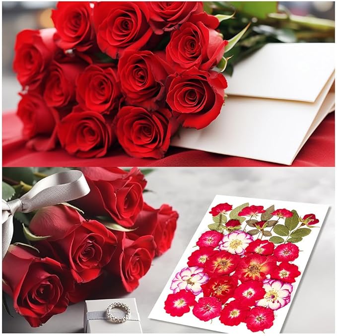 25pcs Dried Pressed Rose for Resin Molds, Real Natural Rose Flowers Leaves Kit, Set for Scrapbook Supplies Card Resin Jewelry Soap Candle DIY Crafts