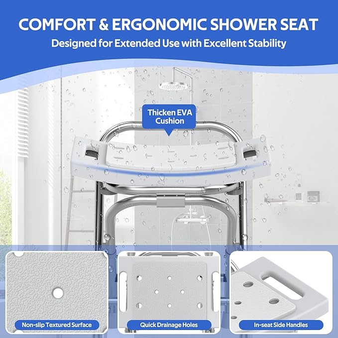 Folding Shower Seat - Stainless Steel Shower Chair for Inside Shower - 420lbs Height Adjustable Foldable Shower Stool - Portable Travel Collapsible Bath Bench for Elderly, Handicap & Disabled (Gray)