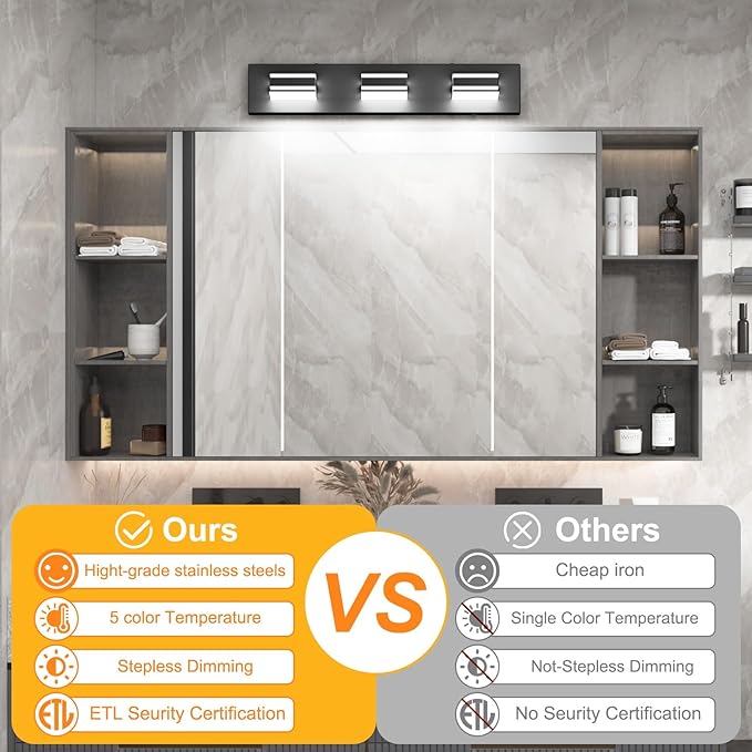 Ralbay 24inch Black Bathroom Vanity Lights with 5 Color Temperatures (3000K-6000K) Dimmable Modern Metal Acrylic LED Matte Black Bathroom Wall Lighting Fixtures (3-Light)