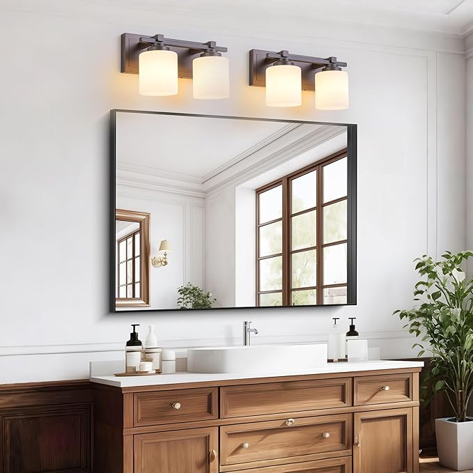 2 Light Modern Bathroom Light Fixtures Over Mirror, Bronze Finish Vanity Lights for Bathroom Wall Sconces with Milky White Glass Shades, E26 Socket (Bulbs Not Included)