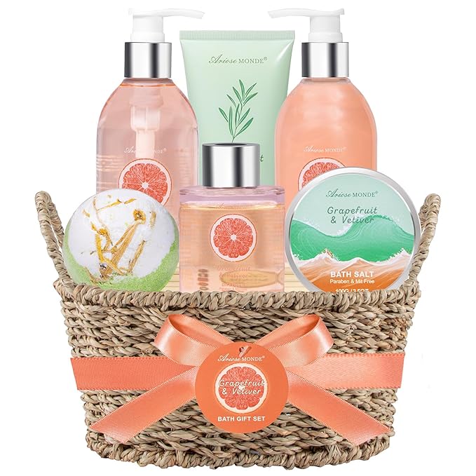 Gift Baskets for Women-7pc Bath Gift Set or Women, Relaxing And Uplifting Spa Gift Basket With Bath Bombs, Bath Salts, Shower Gel, Birthday Gifts for Her, Mother's Day Home Spa Relaxation Kit