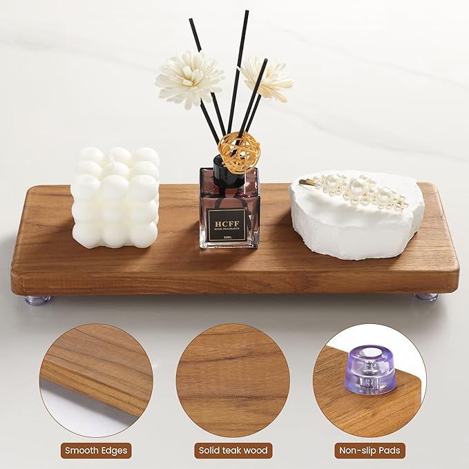 12.6"x5" Solid Teak Wood Riser & Tray - Farmhouse Organizer with Non-Slip Base | Rustic Bathroom & Kitchen Tray for Countertop, Sink Decor | Natural Finish Pedestal Stand (Neutral Home Decor)