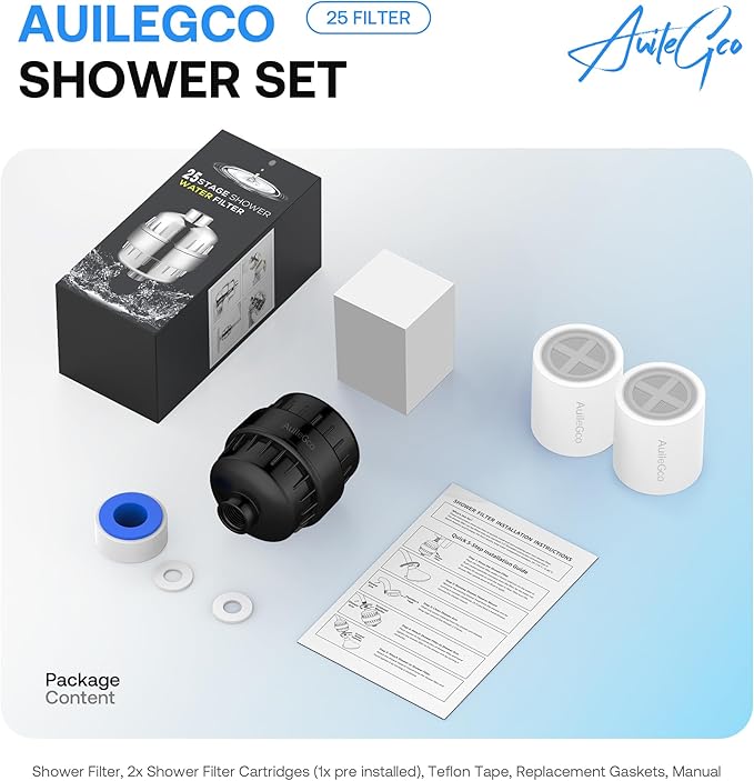 25 Stage AuileGco High Output Shower Filter,equipped with a replaceable cartridge-Shower Head Filter for Hard Water,High Filtering Capacity for Chlorine（3 Packs）