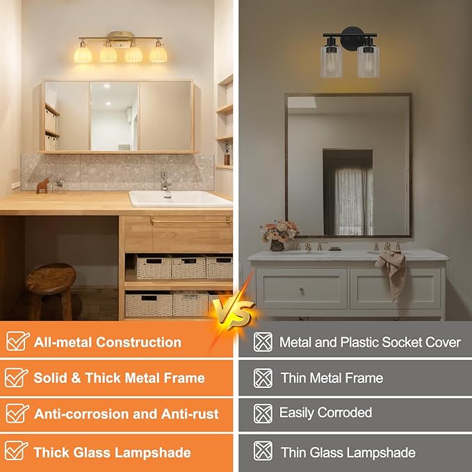 Bathroom Light Fixtures, 4-Light Brass Vanity Wall Light Over Mirror with White Tulip Glass Shade for Bedroom Living Room (Bulb Not Included)