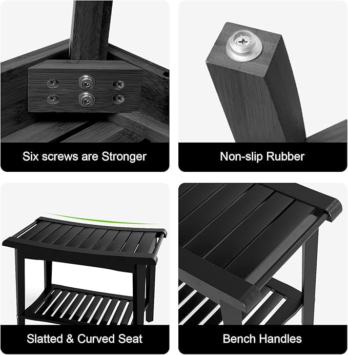 Bamboo Shower Bench with Storage Shelf, Waterproof Bath Stool for Bathroom, Spa Chair for Sitting, Shaving Legs, Elderly & Senior Safe, Heavy-Duty Bath Bench Chair, 23", 300 lbs Capacity (Black)