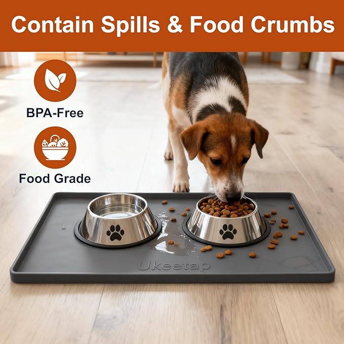 19” x 12” Heavy Duty Waterproof Silicone Mat with Raised Edge, BPA Free Non-Slip Dog & Cat Food Mat, Feeding Mat for Food and Water Bowls, Spill Proof Mat to Protect Floors, Black