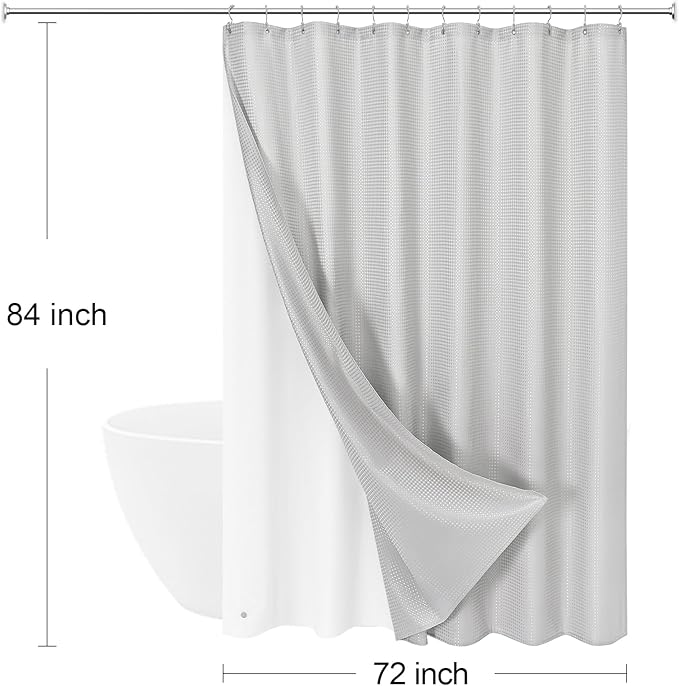 3 in 1 Extra Long Light Grey Shower Curtain Set-72 W x 84 H, Modern Waffle and PEVA Liner Set with 12 Stainless Steel Hooks, Waterproof Fabric for Bathroom