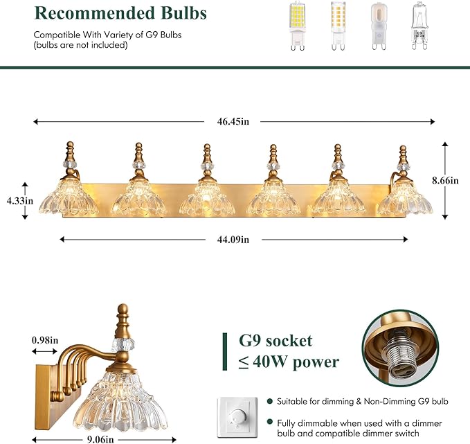 Vintage Bathroom Vanity Light, 6-Light Brass Vanity Lighting Fixture with Flower Glass Shade, Bathroom Lighting Fixtures Over Mirror