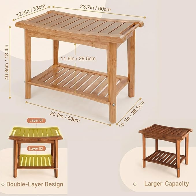 Bamboo Shower Bench with Storage Shelf, Waterproof Bath Stool for Bathroom, Spa Chair for Sitting, Shaving Legs, Elderly & Senior Safe, Heavy-Duty Bath Bench Chair, 23", 300 lbs Capacity (Wood Color)