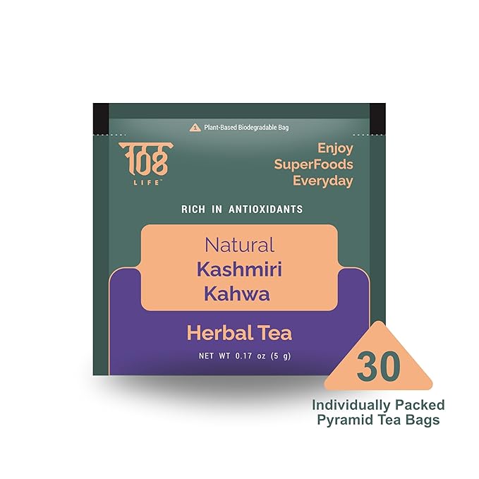108 LIFE Natural Kashmiri Kahwa Herbal Tea | Rich in Antioxidants | 100% Natural | With Plant-Based Biodegradable Pyramid Tea Bags | 30 Tea Bags Pack