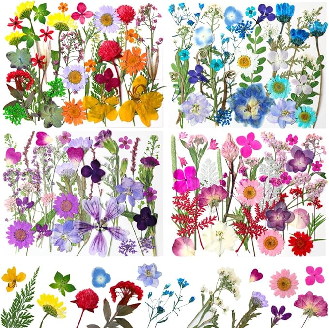 140Pcs Dried Pressed Flowers, Natural Dried Flowers Bulk with Dried Leaves for Resin, Mixed Color Dried Flowers for DIY Crafts, Epoxy Resin, Candle Making, Jewelry, Floral DIY Art, DIY Supplies Kits