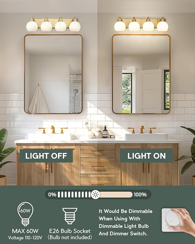 Bathroom Light Fixtures, 4 Light Brushed Gold Vanity Light, 26 Inch Modern Wall Sconces with Globe Milk White Glass Shade, Vanity Lighting Fixtures Over Mirror, VL195-BG-ML-4