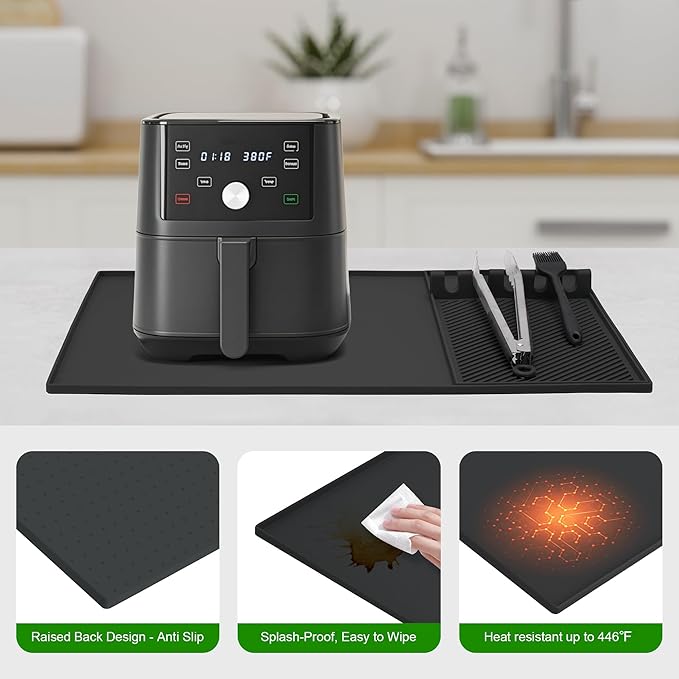 24x16 Inch Silicone Mat for Kitchen Counter, Kitchen Essentials and Gadgets - Silicone Air Fryer and Coffee Mat Set - Heat Resistant Mat for AirFryer, Microwave, Oven, Coffee Machine (Black)