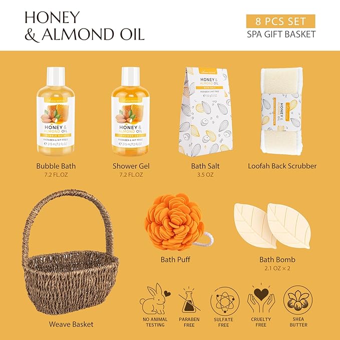 Bath Spa Gift Basket, Bath & Body Gift Set for Women & Men, Includes Shower Gel, Bubble Bath, Bath Salt, Bath Sponge, Spa Gift Box for Mother's Day, Birthday, Wedding, Honey & Almond 8pcs