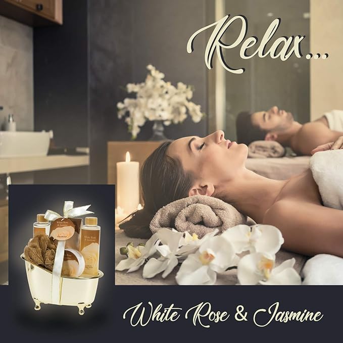 White Rose Jasmine Spa Set For Women in Elegant Gold Tub Includes Shower Gel, Bubble Bath, Body Lotion, Jasmine Bath Salt, Pouf, Award Winning Bath Body Set
