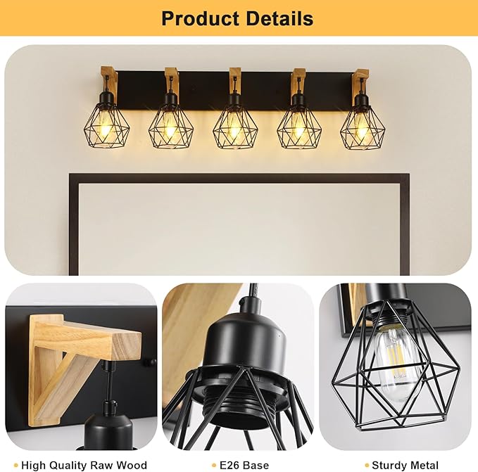 5-Light Farmhouse Bathroom Vanity Light Fixtures, Wood Bathroom Light Over Mirror, Rustic Sconces Wall Lighting with Elegant Metal Lampshade for Living Room, Bedroom, Hallway…