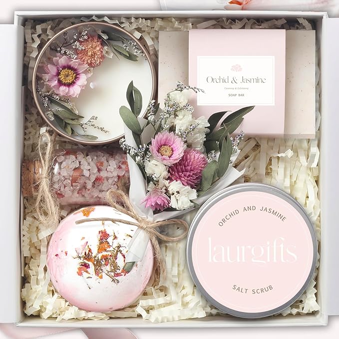 Orchid & Jasmine Spa Box for Women – Birthday & Pink Gifts, Self Care & Relaxation Set with Candle, Soap & Bath Salts – Elegant Ready-to-Give Package for Mom, Sister, or Friend