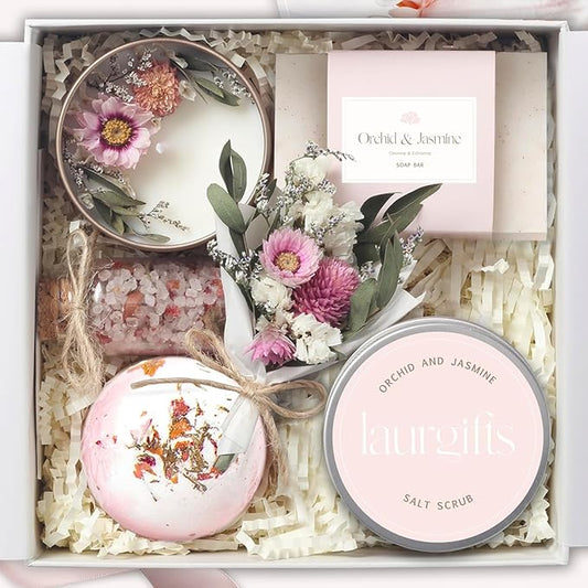 Orchid & Jasmine Spa Box for Women – Birthday & Pink Gifts, Self Care & Relaxation Set with Candle, Soap & Bath Salts – Elegant Ready-to-Give Package for Mom, Sister, or Friend