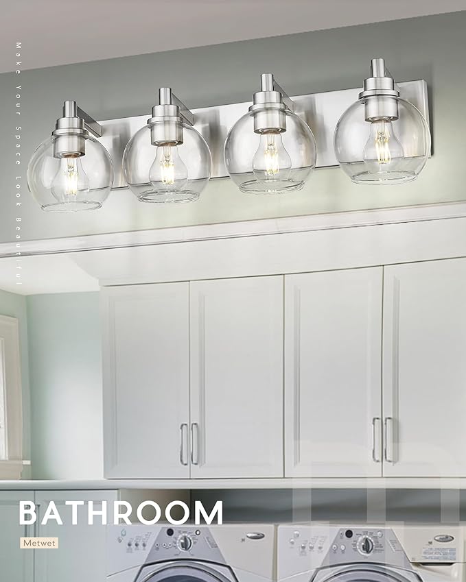 Bathroom Light Fixtures, 4 Light Brushed Nickel Vanity Light, 26 Inch Modern Wall Sconces with Globe Clear Glass Shade, Vanity Lighting Fixtures Over Mirror, VL195-BN-CL-4