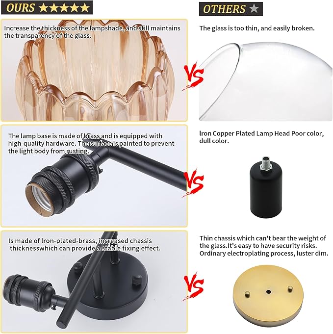 Bathroom Light Fixtures, 2-Light Black Vanity Wall Light Over Mirror with Amber Tulip Glass Shade for Bedroom Living Room (Bulb Not Included)