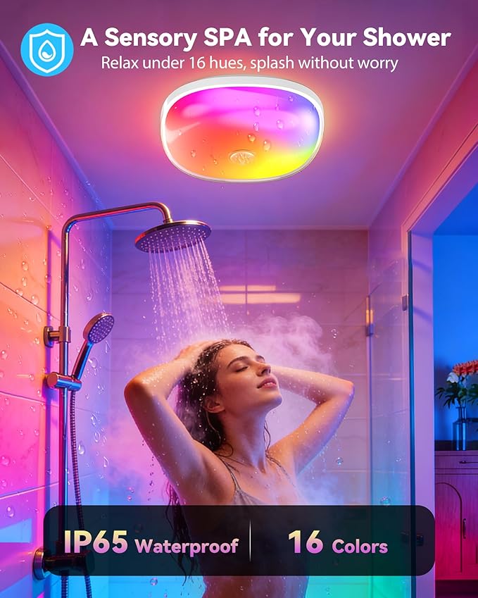 IP65 Waterproof Rechargeable Shower Light - 6″ 300LM Bright, 16 Colors Bathroom Mood Lighting with Touch & Remote, Magnetic Wireless Ceiling/Wall Light for Inside Shower/Bathtub
