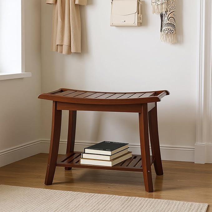 Bamboo Shower Bench Stool,24" Shower Chair Seat Non-Slip,Waterproof Bathroom Bench with Storage Shelf for Adults,Elderly, Disabled Indoor&Outdoor Use (Walnut)