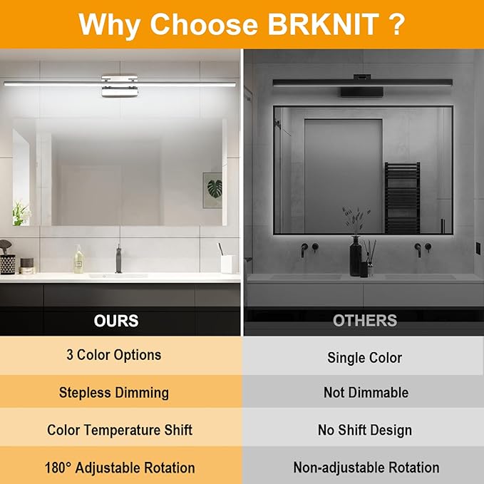 48 Inch LED Bathroom Vanity Light (3000K/4000K/6000K, Dimmable), Chrome Modern Bathroom Light Fixture Over Mirror, Vanity Light Bar with Angle Adjustable