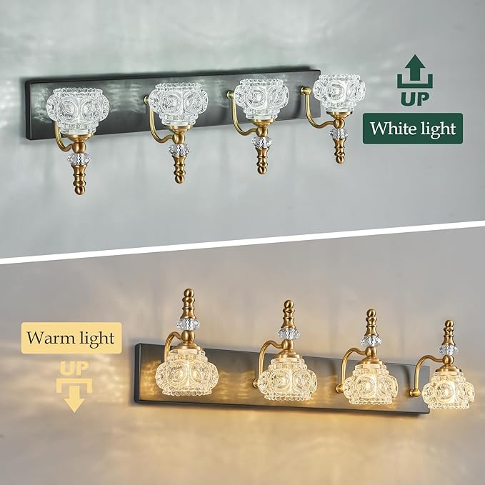Bathroom Light Fixtures, Modern Glass Crystal Bathroom Vanity Light Vintage Bathroom Lighting Fixtures Over Mirror 4 Light Vanity Lights G9 Bulb (27.55 Inch, Black Gold)