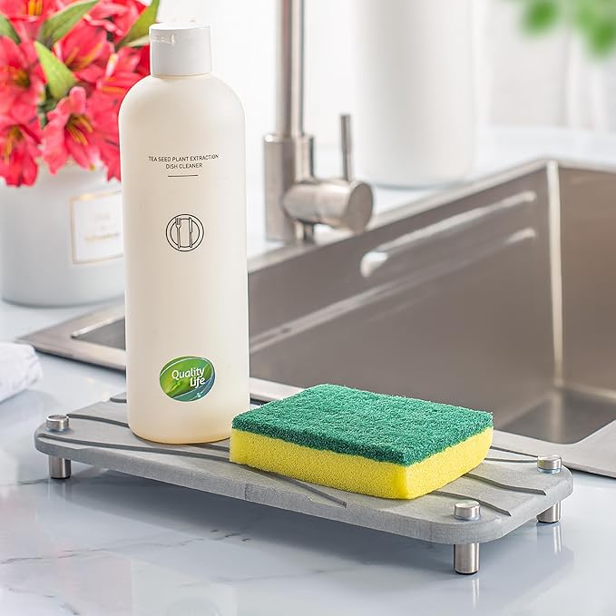 2 PCS Quick Drying Stone Tray for Bathroom Counter- Water Absorbing & Fast Drying in Seconds - Kitchen Sink Caddy Organizer for Countertop as Sponge Holder (Gray and Dark Gray)