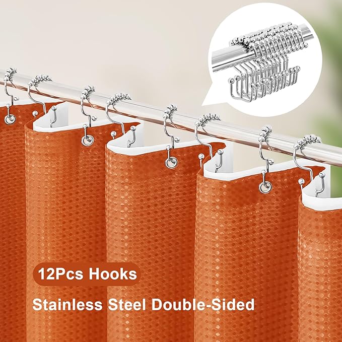 3 in 1 Shower Curtain Set, Burnt Orange Waffle Shower Curtain and PEVA Liner Set with 12 Stainless Steel Shower Curtain Hooks, Waterproof Shower Curtains for Bathroom, 72 W x 72 H