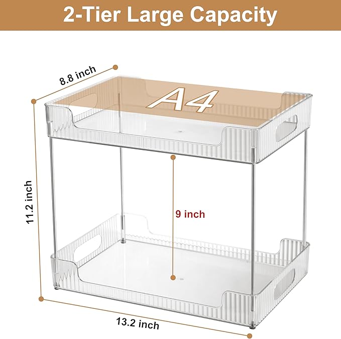 2-Tier Bathroom Counter Organizer, Multi-Purpose Cosmetics Skincare Shelf, Fits A4 Size Makeup Organizer for Office and Vanity Tray, Countertop Storage Solution for Kitchen,Bath.(Clear)