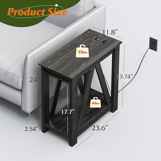WLIVE Narrow End Table with Charging Station of Open Storage Shelf, Sofa Side Table with 2 USB Ports and 2 Power Outlets, Slim Farmhouse End Table for Small Spaces, 11.8" D x 23.6" W x 23.74" H