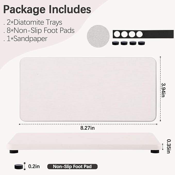 2 Pcs Water Absorbing Stone Trays, Kitchen/Bathroom Sink Soap Dish, Diatomite Tray Used for Hand Soap & Cosmetic Bottles in The Modern Home, 4" W x 8.3" L, White