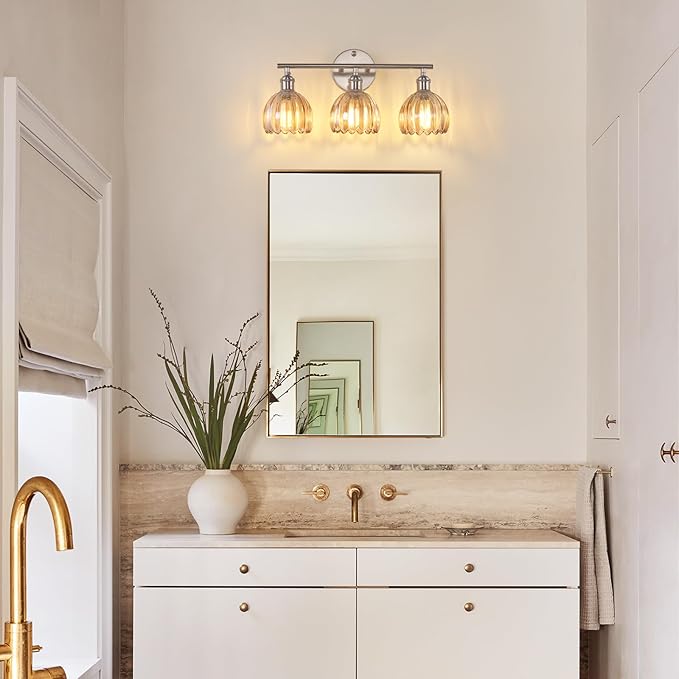 Bathroom Light Fixtures, 3-Light Vanity Wall Light Over Mirror with Amber Tulip Glass Shade for Bedroom Living Room (Bulb Not Included), Satin Nickel
