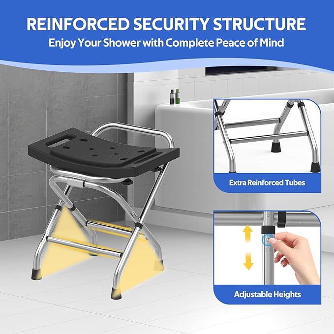 Meday Folding Shower Seat - Stainless Steel Shower Chair for Inside Shower - 420lbs Height Adjustable Foldable Shower Stool - Portable Travel Collapsible Bath Bench for Elderly