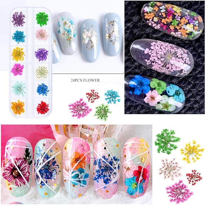 108 Pcs Nail Dried Flowers 48 Colors 3D Nail Art Real Flowers Nature Dry Petals Leaves Decor for Nail Art Design Manicure Decoration