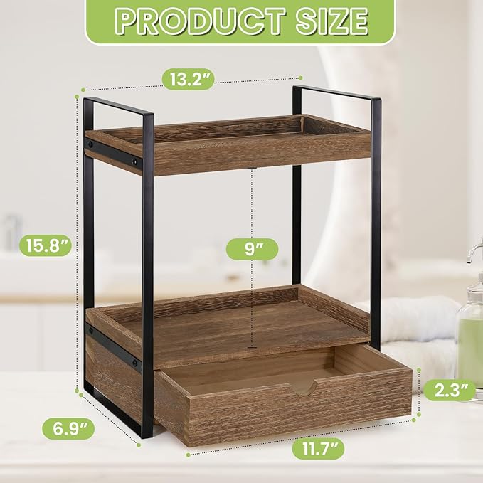 2-Tier Bathroom Organizer Countertop with Drawer, Wood Counter Shelf for Storage, Vanity Tray for Organization and Decor, Countertop Organizer for Bathroom, Kitchen, Office (Dark Brown)