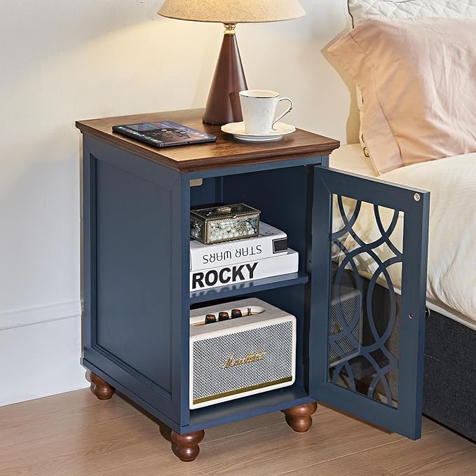 Narrow Side Table with Glass Door, 18 x 14'' Night Stand with Adjustable Shelf Storage Cabinet Organizer, Bedside End Tables Wood Nightstand for Small Spaces Living Room Bedroom