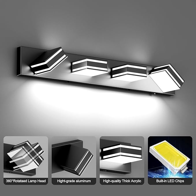 Ralbay 30inch Black Vanity Light for Bathroom with 5 Color Temperatures (3000K-6000K) Dimmable Metal Acrylic Modern LED Matte Black Bathroom Light Fixtures (4-Light)