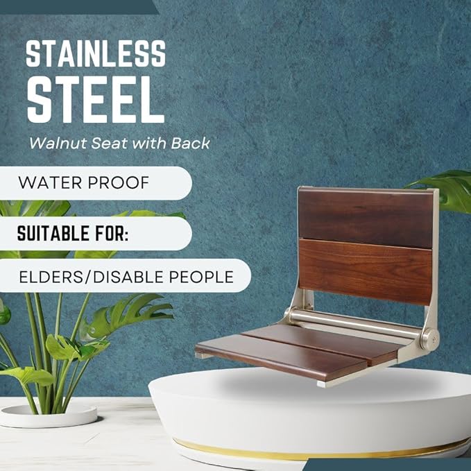 Folding Shower Seat Wall Mounted with Back | 500 lbs Maximum Load Capacity | ADA Compliant Safety Assist Teak Shower Seat for Seniors, Handicapped, and Children | 304 Stainless Steel Frame | 26” x 16”
