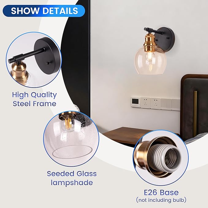 1-Light Bathroom Wall Sconce, Matte Black and Gold Vanity Light, Modern Wall Light Fixture with Seeded Glass Shade and E26 Bulb Base, Wall Lamp Wall Mount Light Fixtures for Mirror, Bedroom, Hallway