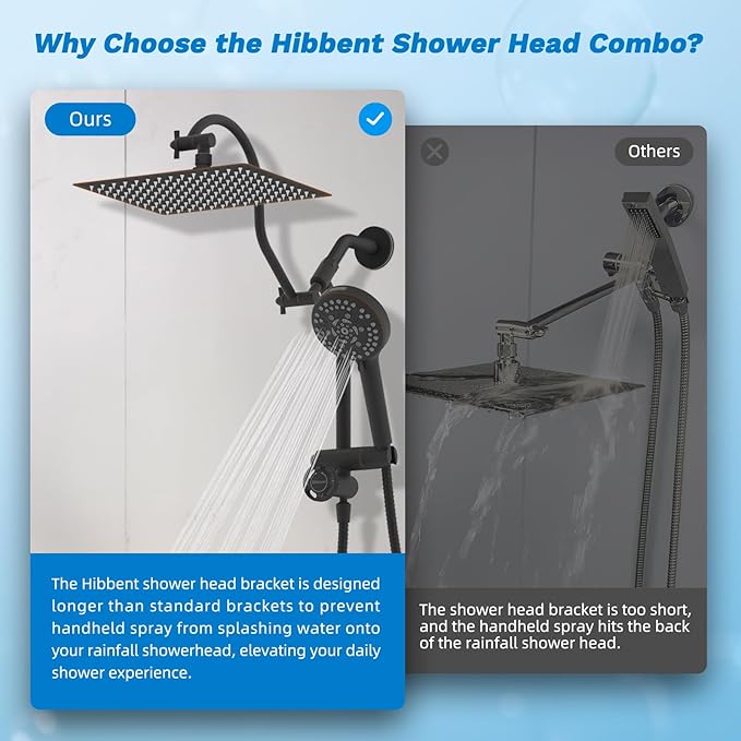 Hibbent Upgraded All Metal 12" Rainfall Showerhead Combo, High Pressure Shower Head with 10-Spray Mode Handheld, 4-way Diverter with Pause Mode, 71'' Shower Hose and Handheld Holder, Oil Rubbed Bronze