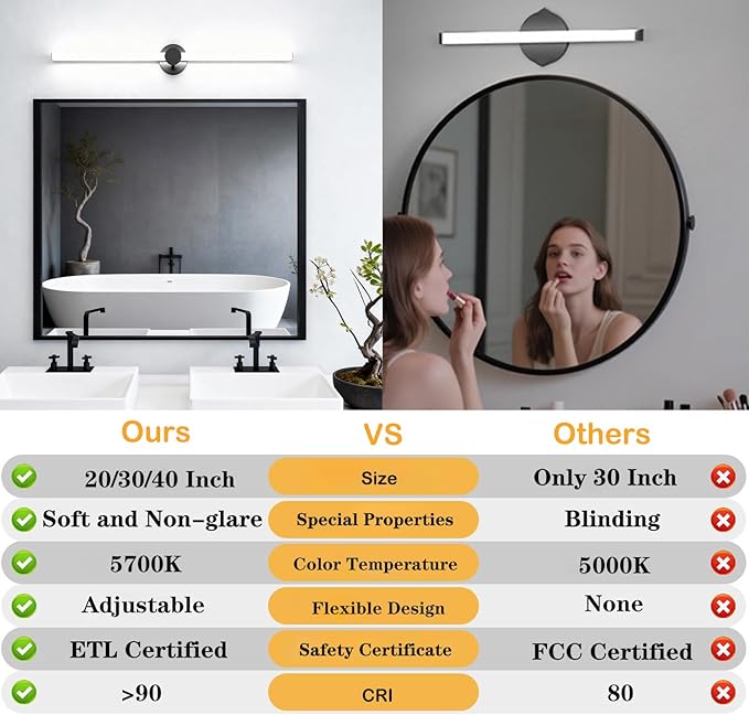 Bathroom Lighting Fixtures Over Mirror: 40 Inch Rotatable Bathroom Vanity Light ETL Listed - Modern Black Vanity Lighting Fixtures 5700K Cool White 3700LM 45W IP44 - LED Vanity Light Dimmable(2 Pack)