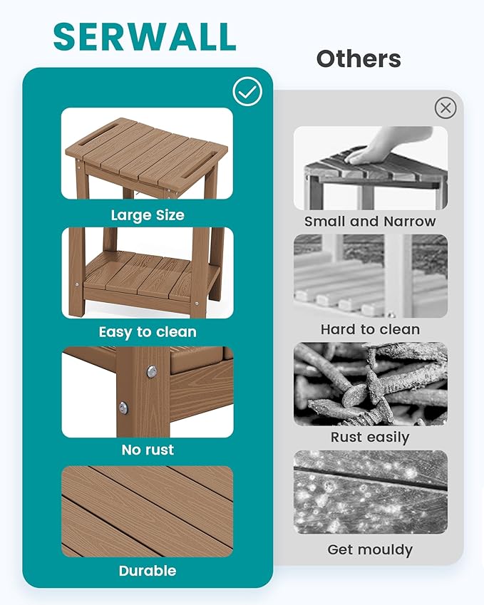 SERWALL Shower Bench, 18" Shower Stool for Inside Shower, HDPE Waterproof Shower Seats for Adults with Storage Shelf & Handles, 360 lbs Capacity- Brown