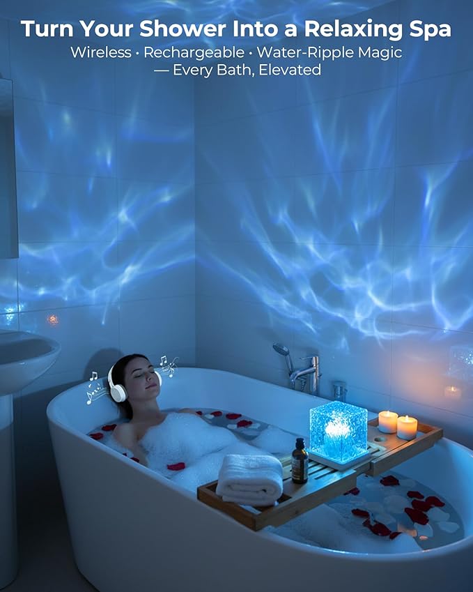 Rechargeable Shower Light No Wiring, 16 Color Ocean Wave Projector Light Cordless, Waterproof Shower Mood light with Remote, Bathtub Lights for Relaxing Spa, Water Ripple Projector for Bathroom Decor