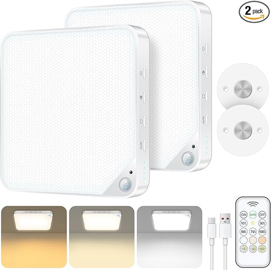 Rechargeable 8W Motion Sensor Ceiling Light Indoor, Wireless Magnetic Stick on Closet Light, Remote Control for Color & Brightness, Battery Operated Light for Shower, Bathroom, Pantry, Hallway, 2-Pack