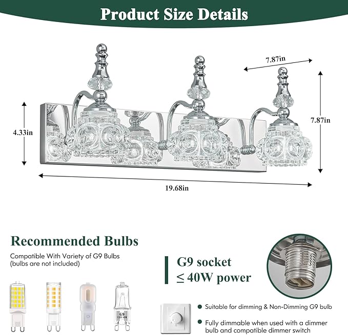 3-Light Vintage Bathroom Vanity Light Fixture Industrial Chrome with Glass Shade Vanity Light Fixtures Over Mirror Glass Bathroom Vanity Lighting Fixtures G9 Bulb Wall Lights