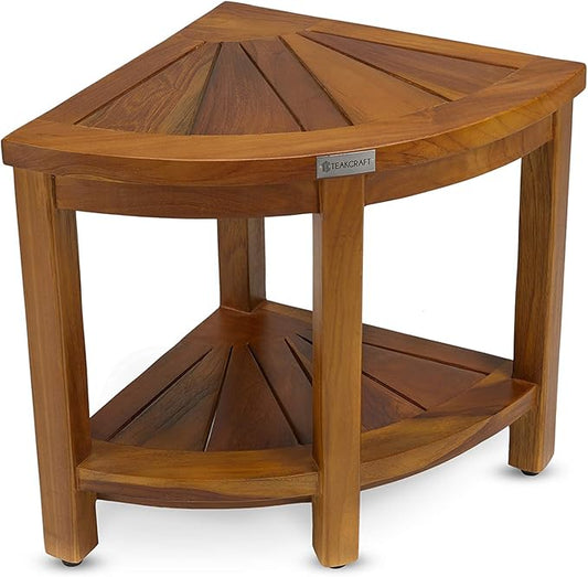 TeakCraft Teak Corner Shower Bench Seat for Bathroom - Waterproof Shower Stool - Fully Assembled, The Saga